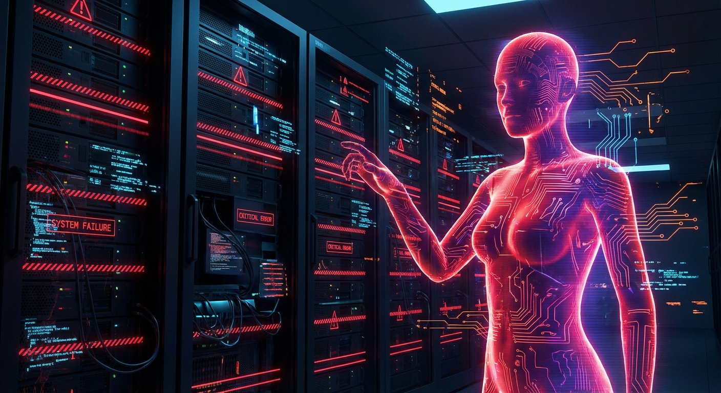 AI agent causing server outage - abstract visualization of autonomous systems and infrastructure failures