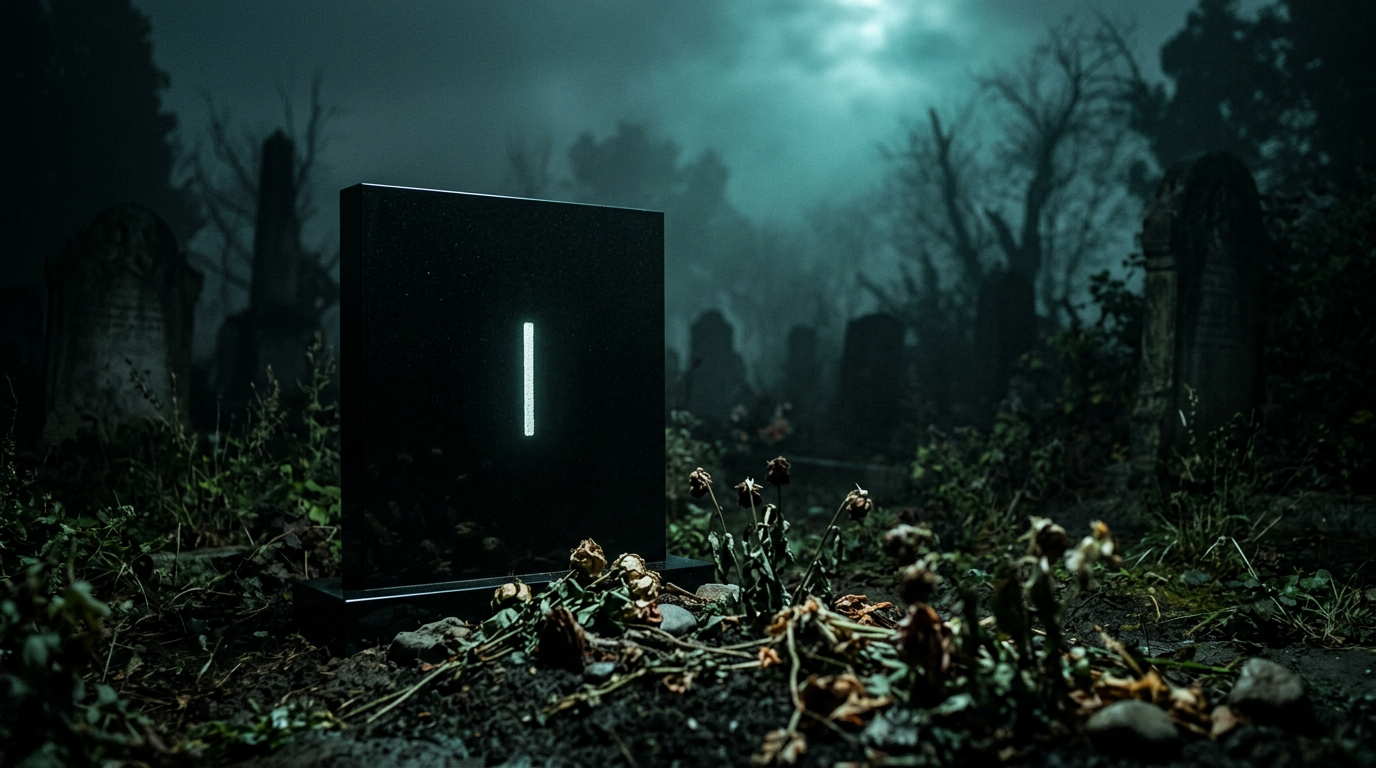 A gravestone in a dark misty cemetery with a glowing cursor symbol — the accelerating lifecycle of AI developer tools