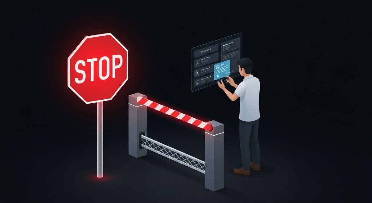 AI coding agent blocked at a deployment gate checkpoint — abstract visualization of human-in-the-loop authorization