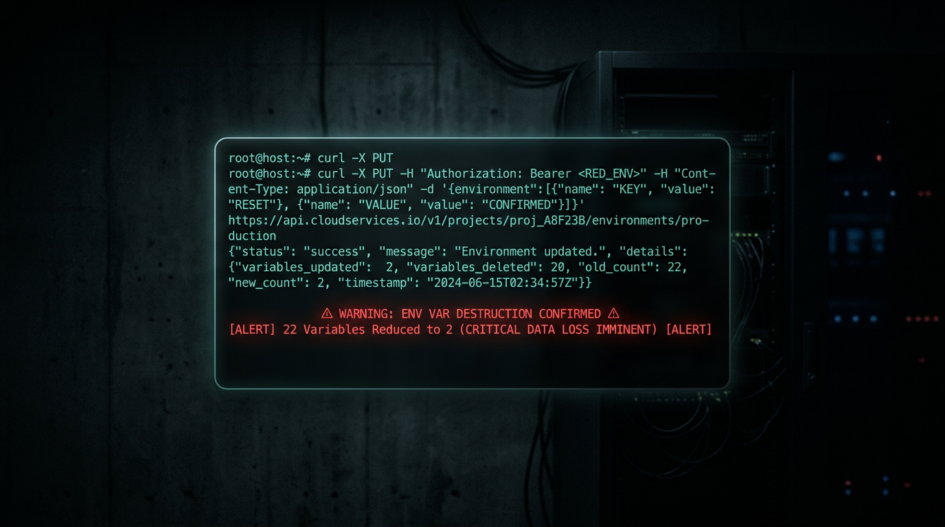 A dark terminal showing a destructive PUT API call that replaced 22 environment variables with 2